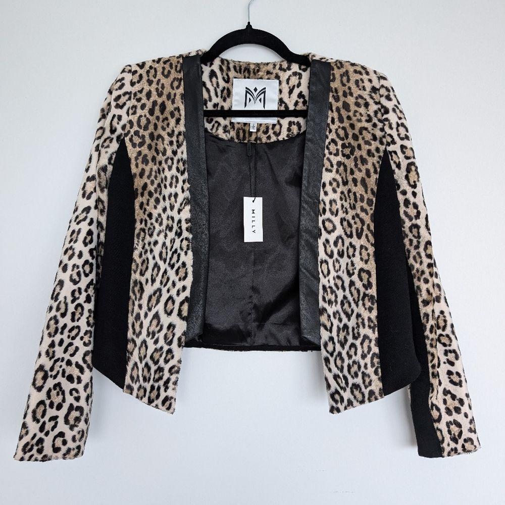 Milly NWT Sidney Leopard Print Faux Fur Cropped Jacket Lamb Leather Details Sz 2